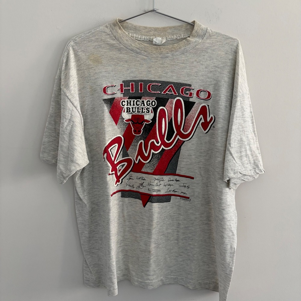 Vintage Chicago Bulls Super Shirts Graphic T-Shirt Gray 2XL NBA 90s Basketball